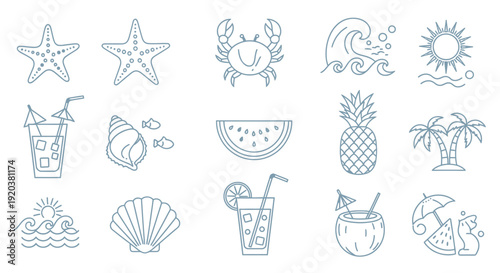 Collection of Summer Vacation Icons Featuring Tropical Elements.