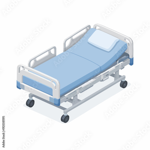 Isometric illustration of a modern hospital bed with blue sheets and a pillow, designed for patient comfort and recovery in a healthcare setting