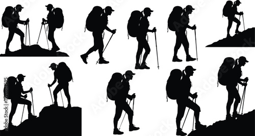 A creative vector collection featuring black silhouettes of women, men, and children walking or shopping with bags alongside a diverse set of people in fashion and dance poses