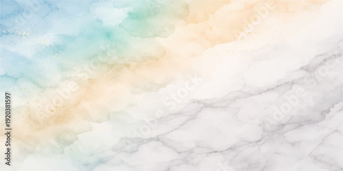 A beautiful abstract watercolor background depicts a bright blue summer sky filled with fluffy white clouds and a light airy texture