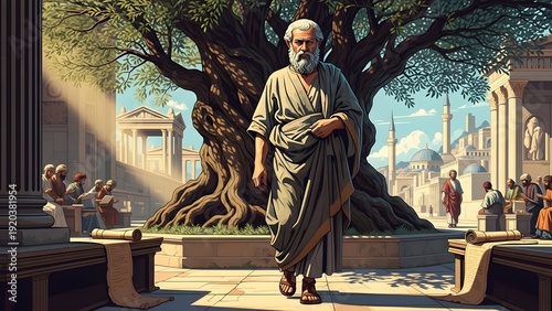 An ancient philosopher, cloaked in wisdom, strides through a sun-drenched classical academy beneath a grand, venerable tree, embodying profound thought and historical depth