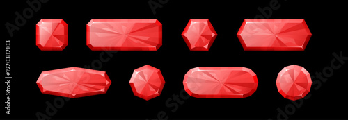 Game gem buttons and diamond crystal icons in cartoon fantasy style. Medieval UI frames with magical red jewels, hexagon gemstone badges and square assets for mobile app interface design elements.