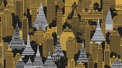 Striking Bangkok-inspired background with gold skyscrapers and silver tiered pagodas. Hand-drawn with bold block textures and geometric line art for a modern, cultural aesthetic.