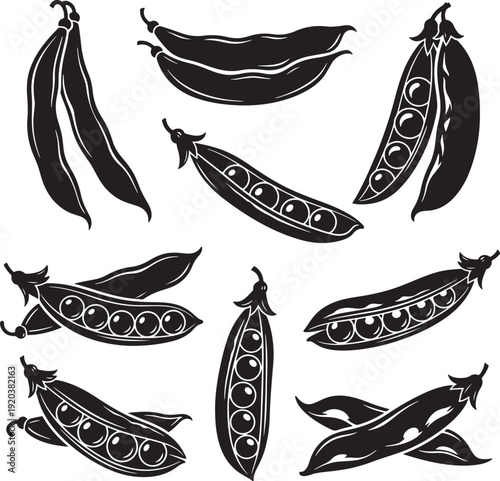 Black pea pod icon collection. Includes peas, legume, vegetable, and plant symbols. Created in minimalist style with black and white palette.