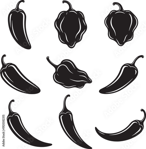 Black chili pepper and bell pepper icon set. Includes chili peppers, bell peppers. Created in solid black style with white outline.