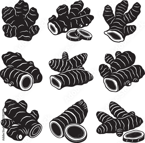 Black and white ginger root icon collection. Includes ginger, root, spice, and herb illustrations. Created in line art style with black and white palette.