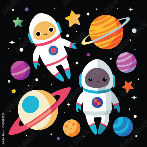 Two cartoon astronauts floating in space with planets and stars