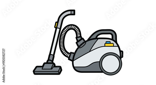 A colorful illustration depicts a modern canister vacuum cleaner showcasing its design as a silhouette high quality professional detailed elegant stylish