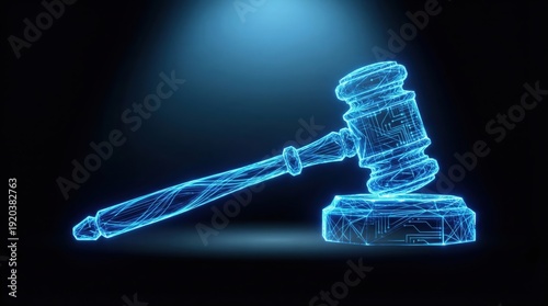 A glowing blue digital gavel, rendered with intricate polygonal lines, rests on a dark background, powerfully symbolizing cyber law, justice, and digital authority.