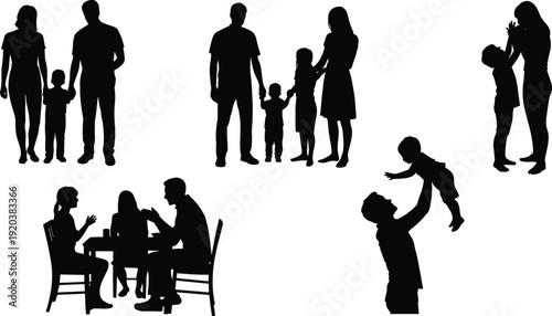 Family silhouette collection showing parents and children bonding moments love care support and everyday life scenes illustration