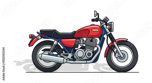 A vibrant cartoon illustration depicts a classic red and blue motorcycle with a distinct shadow silhouette high quality professional detailed modern