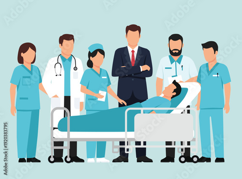professional healthcare team and hospital administrator standing together around a male patient in a medical bed, symbolizing teamwork, patient care, and clinical management.