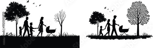 Family walking in park silhouettes, parents with children and baby stroller nature landscape vector illustration isolated on white