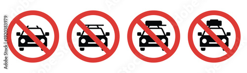 No car entry or no parking traffic sign icon set with red prohibition circle. vector illustration