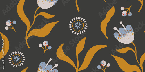 Muted Folk Art Floral Pattern on Dark Grey. Modern botanical vector illustration for textile and wallpaper