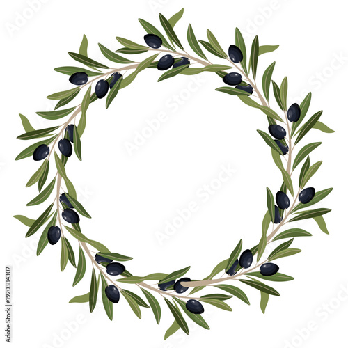 Olive branch wreath illustration featuring green leaves and black olives arranged in a circular botanical frame isolated on white background