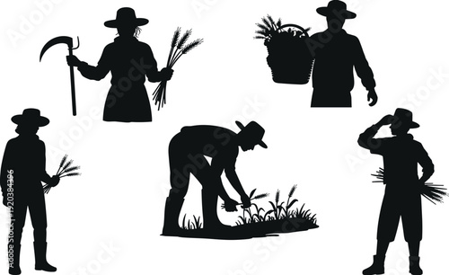 Farmer silhouettes collection, agricultural workers harvesting wheat and carrying crops isolated on white background vector illustration set