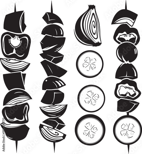 Shish kebab vector icon collection. Includes grilled vegetables and meat skewers. Created in black and white line style with simple illustrations