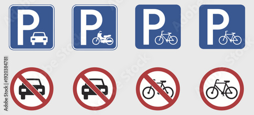 Parking Signs vector illustration, car, motorcycle, and bicycle no parking prohibition icons for traffic and road safety