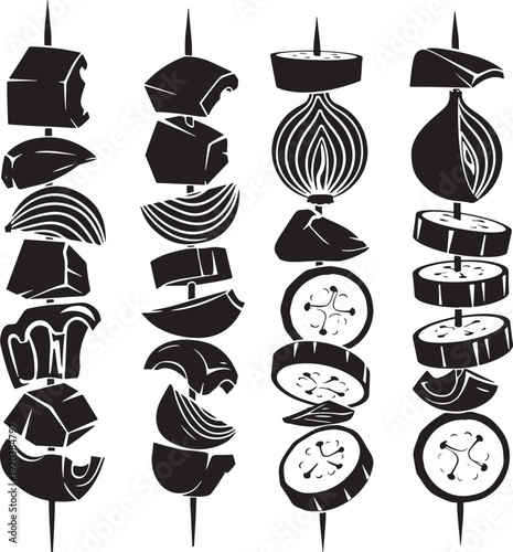 Food icon collection. Includes steak, meat, chicken, fish, seafood, and vegetable skewers. Created in black and white vector style.