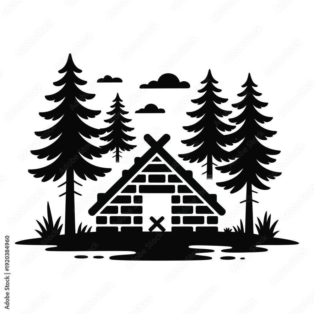 Obraz premium Cabin in the woods surrounded by tall pine trees and clouds on a transparent background illustration perfect for outdoor adventure camping and nature concepts