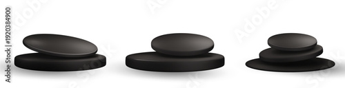 Black podium isolated PNG. Modern 3D platform for product display, award presentation, or cosmetic showcase with dramatic spotlight effect.