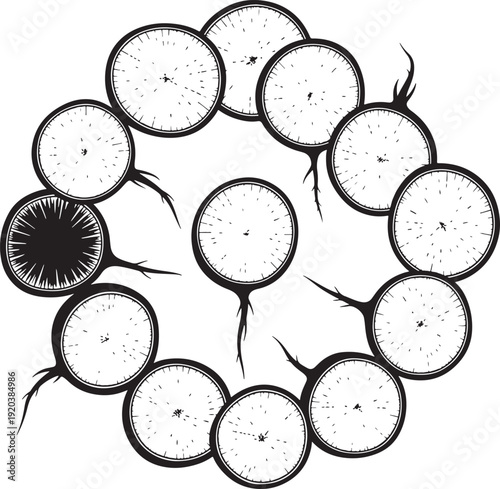 Black and white vector illustration of a dandelion seed head, isolated on transparent background