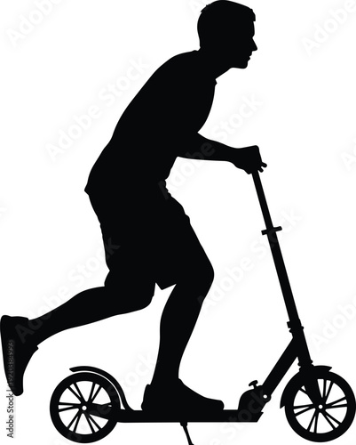Man riding kick scooter silhouette, urban mobility transportation concept, active lifestyle commuter isolated on white background, modern city travel illustration