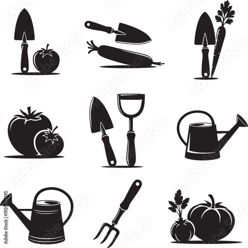 Gardening tools and vegetables icon collection. Includes trowel, pruner, rake, watering can, fork, and tomato, eggplant icons. Created in solid black style with white background