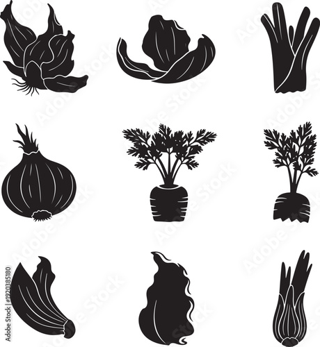 Vegetable icon collection. Includes leek, eggplant, scallion, onion, sprout, and garlic icons. Created in black silhouette style with white outline.