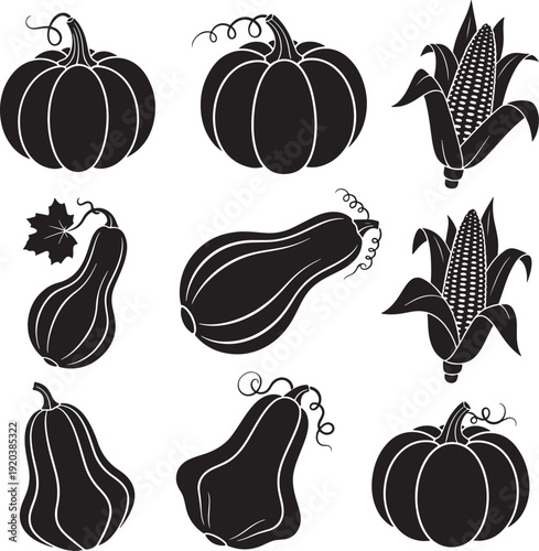 Autumn harvest icon collection. Includes pumpkins, corn, squash, and gourds. Created in solid black vector style with white outlines