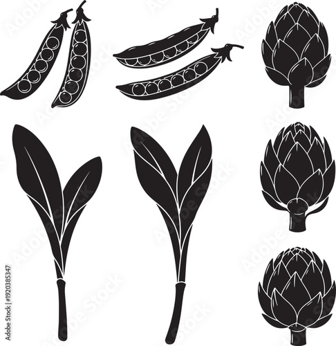 Vegetable icon collection. Includes pea pods, artichoke, and leafy greens. Created in solid black style with white outlines.