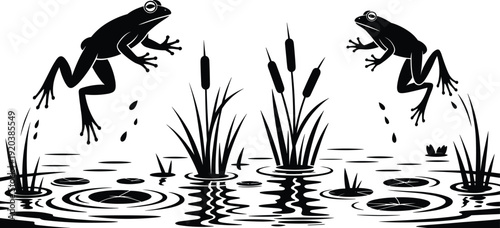 Frog silhouettes jumping over pond water, amphibian wildlife scene with reeds and lily pads vector illustration