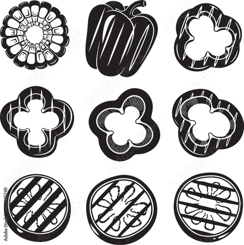 Vegetable icons collection. Includes bell pepper, onion, mushroom, and flower icons. Created in black line style with white accents.