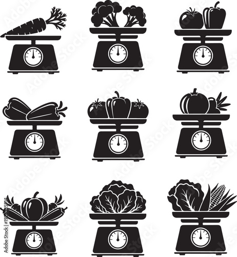 Vegetable weight icon collection. Includes carrot, broccoli, bell pepper, eggplant, zucchini, pumpkin, cabbage, lettuce, and onion scales. Created in black and white style with simple