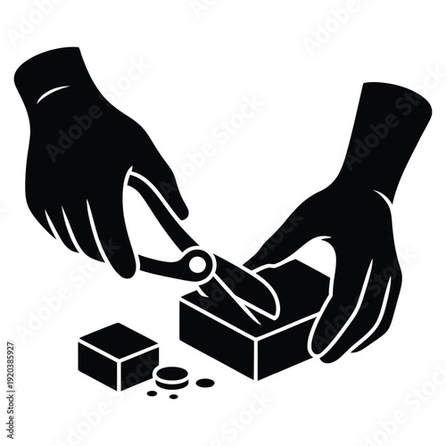 Silhouette of hands using scissors to cut small squares from a larger cube, representing precision cutting and crafting skills illustration