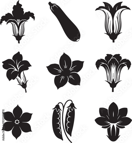 Floral black icon collection. Includes flower, blossom, plant, leaf, and bud symbols. Created in solid black style with white accents.