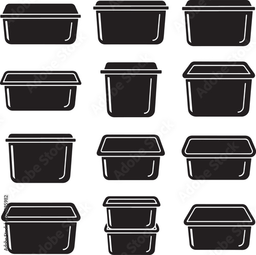 Black plastic container icon set. Includes 12 storage box symbols. Created in simple line style with black and white palette.