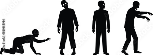 Creepy black silhouette collection of scary zombies in various poses including walking and crawling, isolated on white background for horror Halloween and thriller design