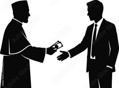 Silhouette of a priest giving money to a businessman in a suit, symbolizing religious corruption, illegal bribery, church donations, and financial ethics concepts