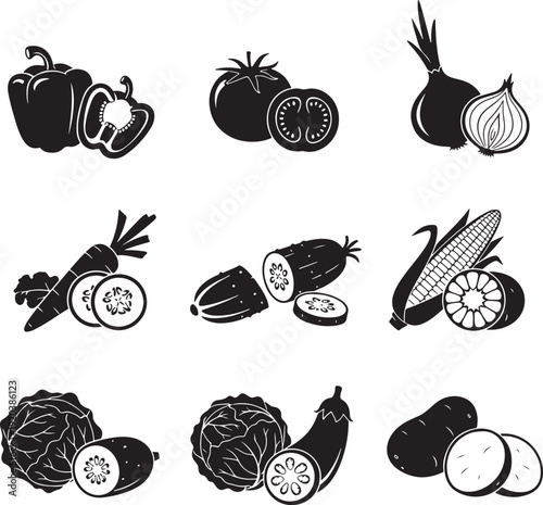 Vegetable icon collection. Includes bell pepper, tomato, onion, beetroot, eggplant, corn, cabbage, and zucchini. Created in line style with black and white palette