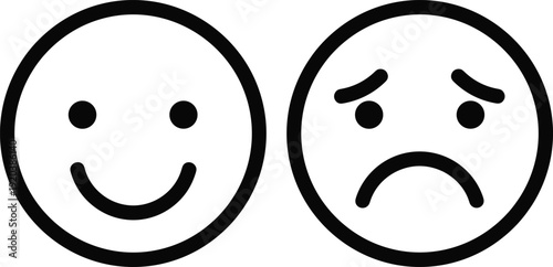 Happy and sad emoji icon illustration, smiley face feedback symbols isolated on white background for customer satisfaction rating concept