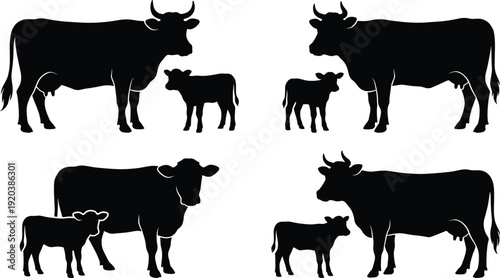 Black silhouette collection of dairy cow mother with calf standing together on white background representing organic farming, livestock agriculture, and rural animal husbandry imagery