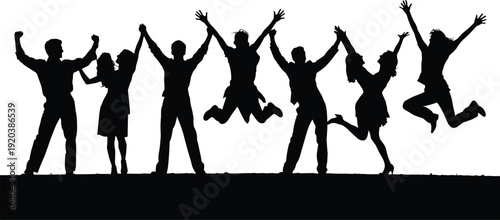 Happy people silhouettes jumping together, celebration teamwork success concept, friendship joy