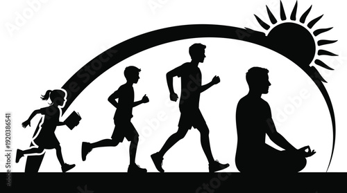 Healthy lifestyle silhouette with family running and man meditating under sunrise, fitness wellness balance concept illustration background