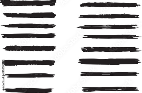 A digital artwork featuring 16 black brushstrokes on a white background arranged in two columns