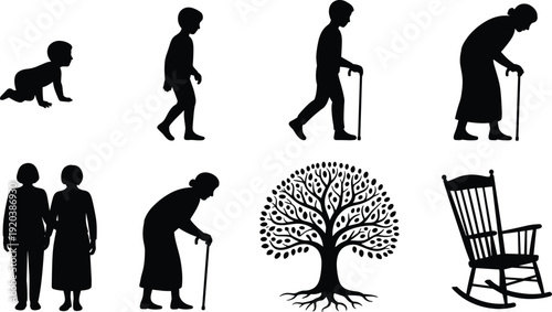 Human life cycle silhouettes set, baby child adult senior aging stages family tree rocking chair isolated vector illustration