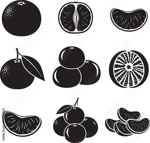 Citrus fruit vector icon set. Includes orange, lemon, lime, and grapefruit symbols. Created in black and white line style with simple illustrations