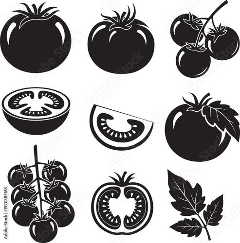 Tomato vector icon set. Includes whole tomatoes, halved tomatoes, tomato slices, and tomato leaves. Created in solid black style with white accents on transparent background