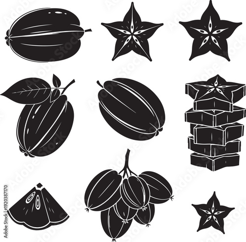 Tamarind fruit and starfruit vector icon set. Includes tamarind pods, starfruit slices, and stacked cubes. Created in black line style with white outline on white background